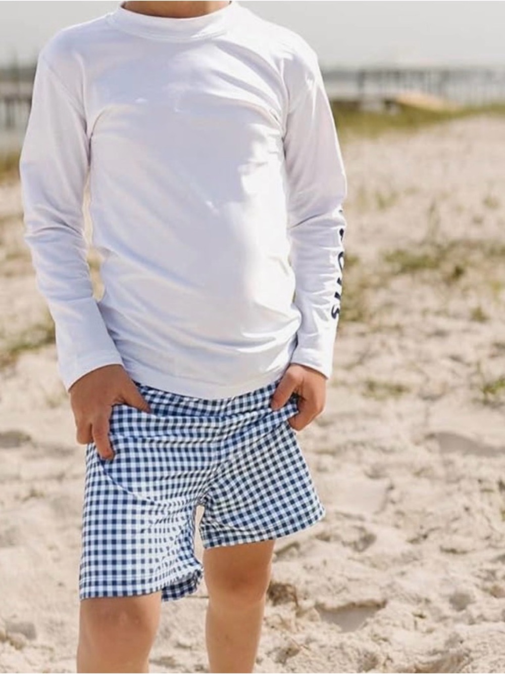 RuggedButts boys navy gingham swim trunks, size 6